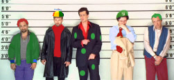 Police line-up of 5 people wearing different combinations of red, blue and green